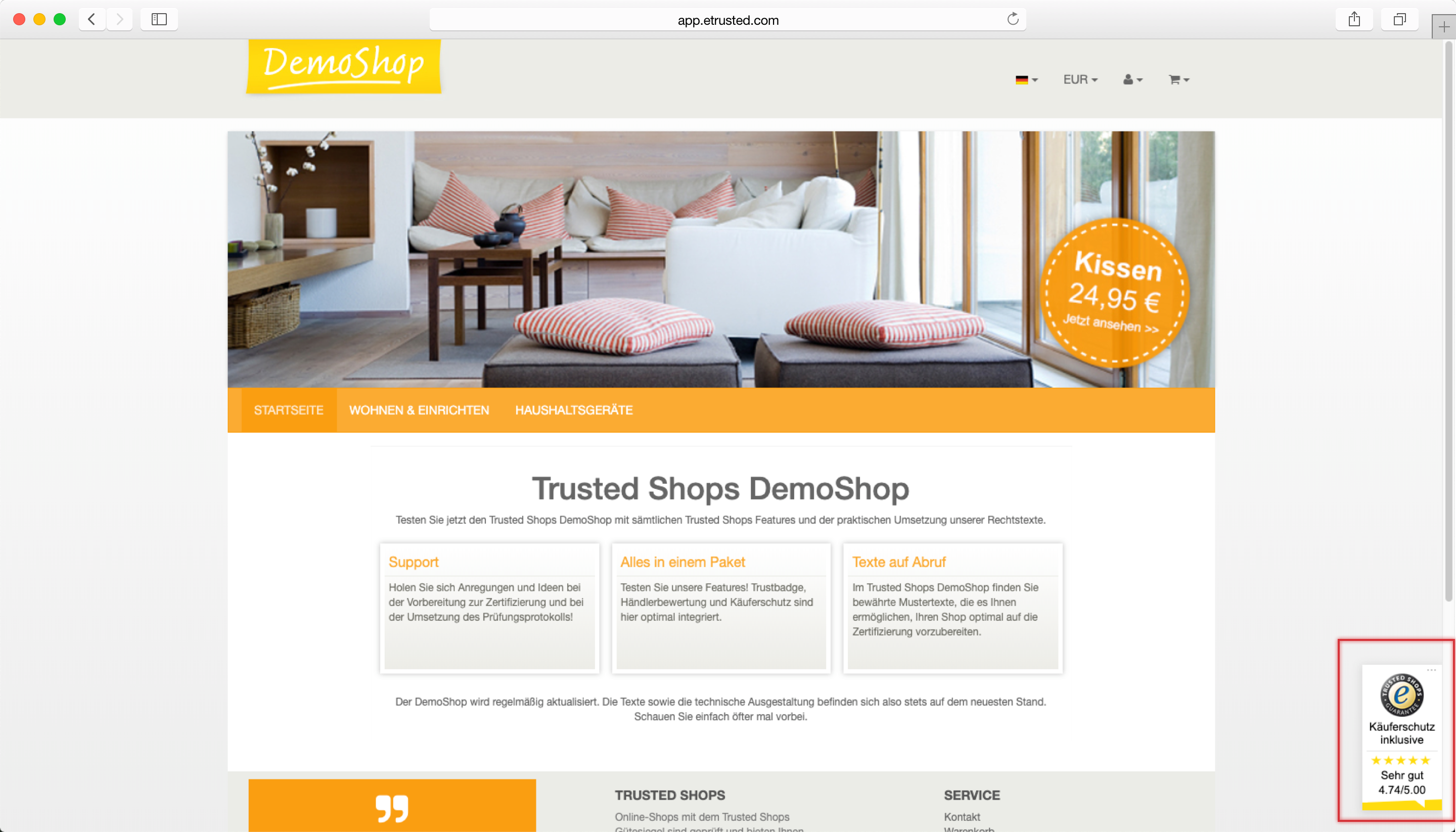 Trustbadge-Anzeige auf Shop-Startseite unten rechts