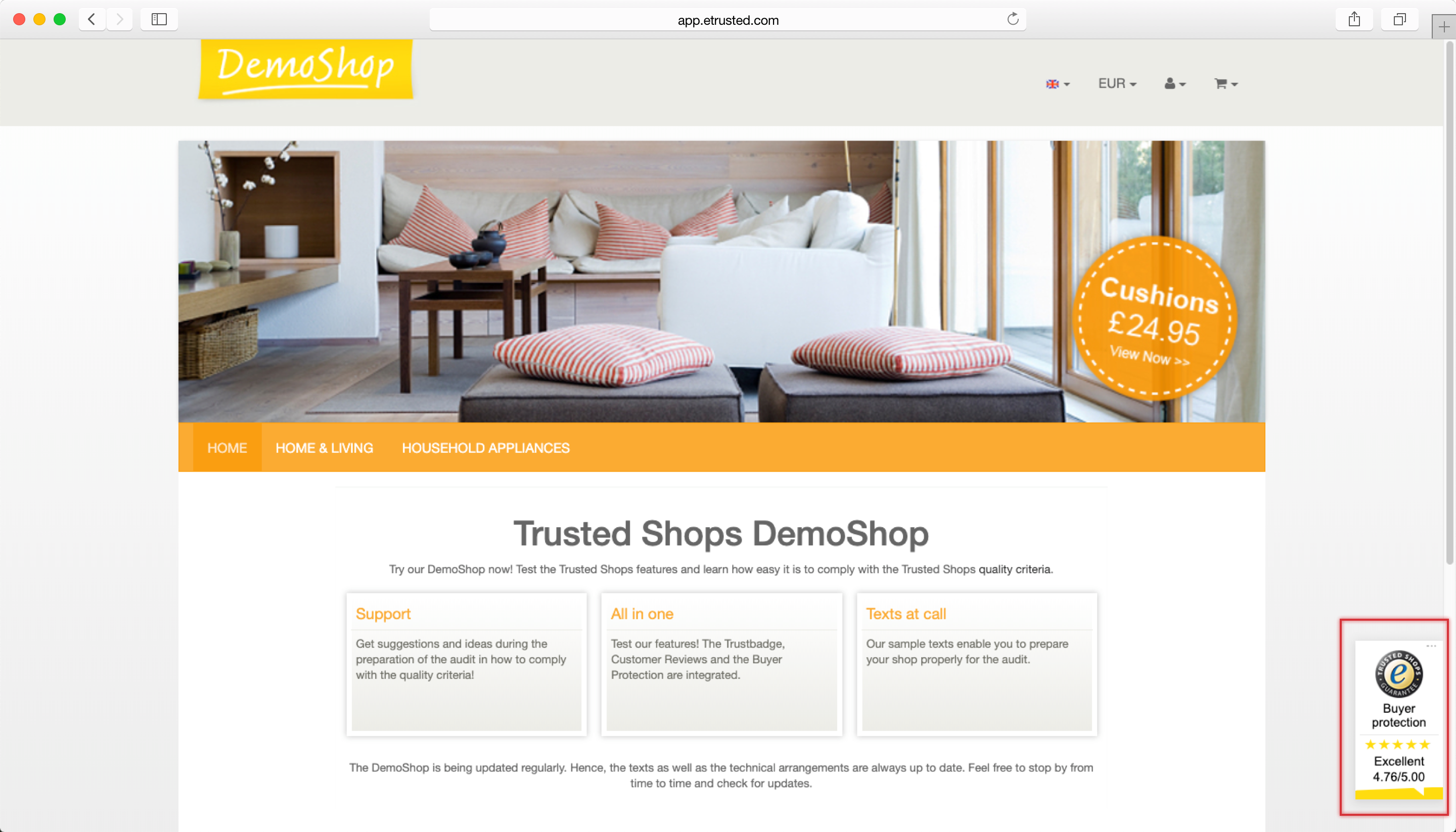 Trustbadge being displayed in the bottom right corner of an online shop