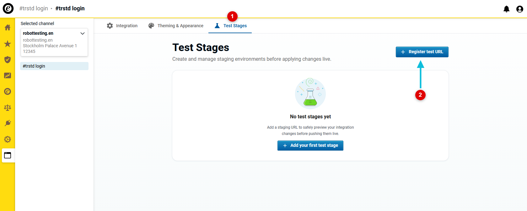 Open the Test stages tab and register a test URL