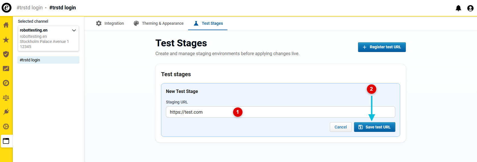 Enter and save the URL of the staging environment