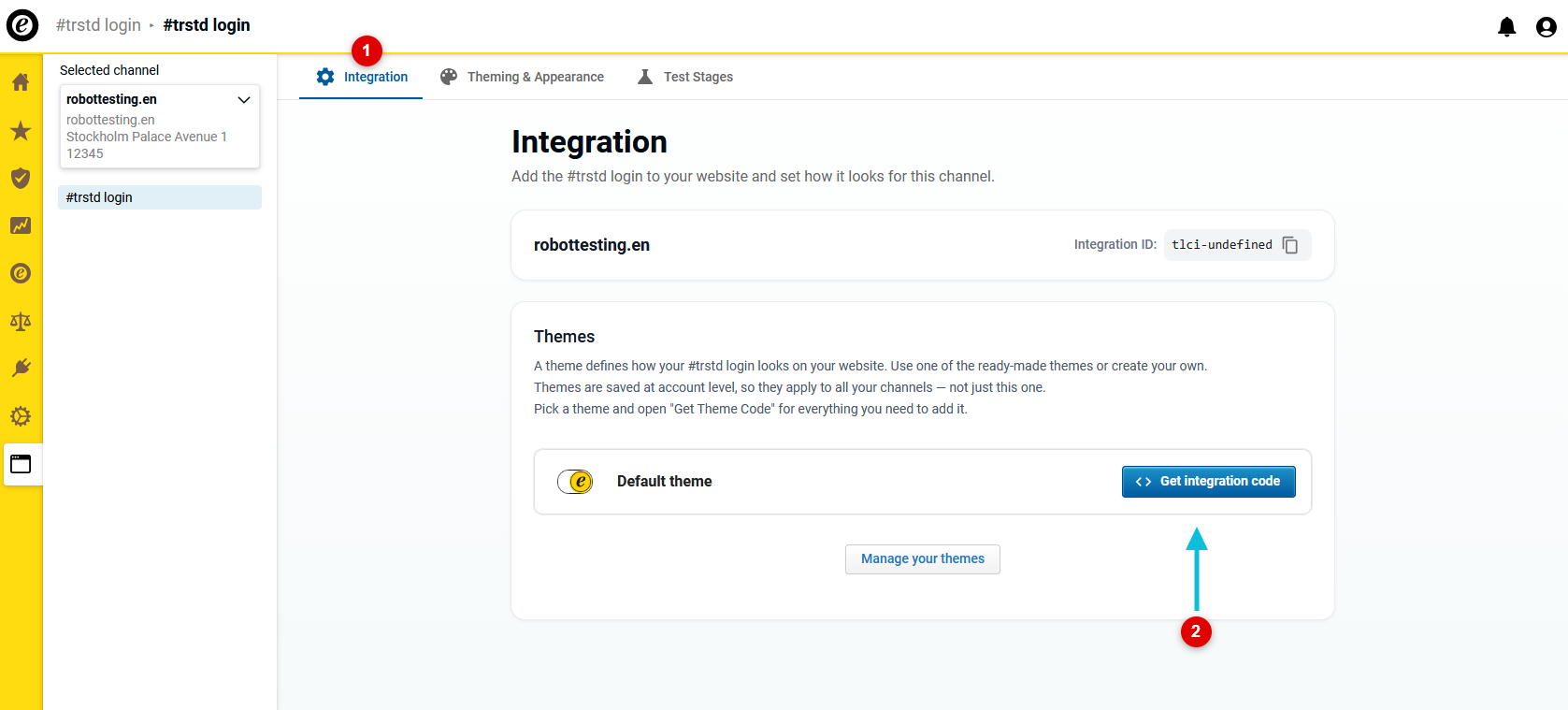 Open the Integration tab and retrieve the integration code for the standard theme