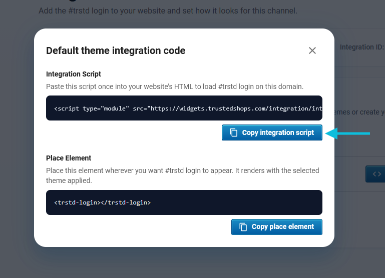 Copy the integration script from the #trstd login pop-up