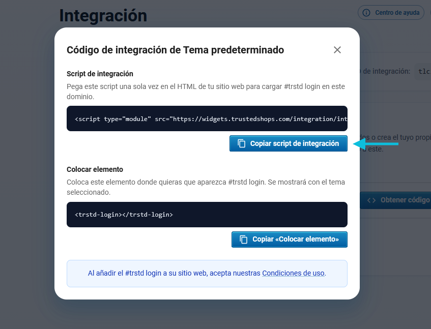 Copia el código de integración de la ventana emergente de inicio de sesión de #trstd