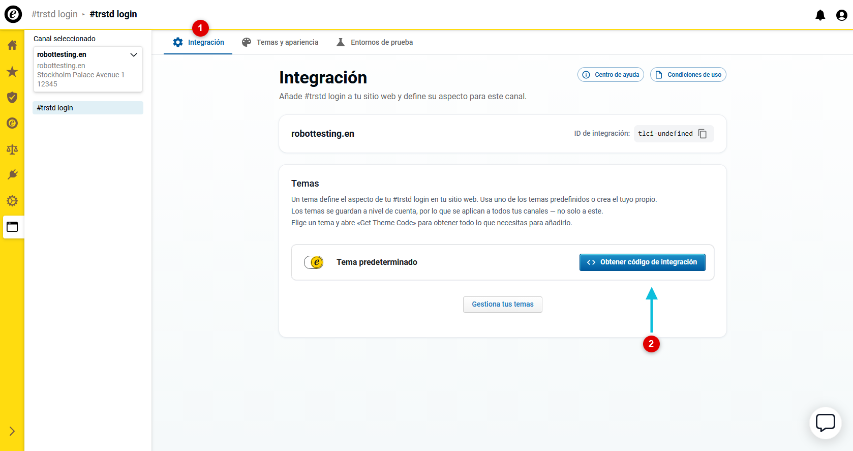 Abre la pestaña «Integración» y obtén el código de integración para el tema estándar