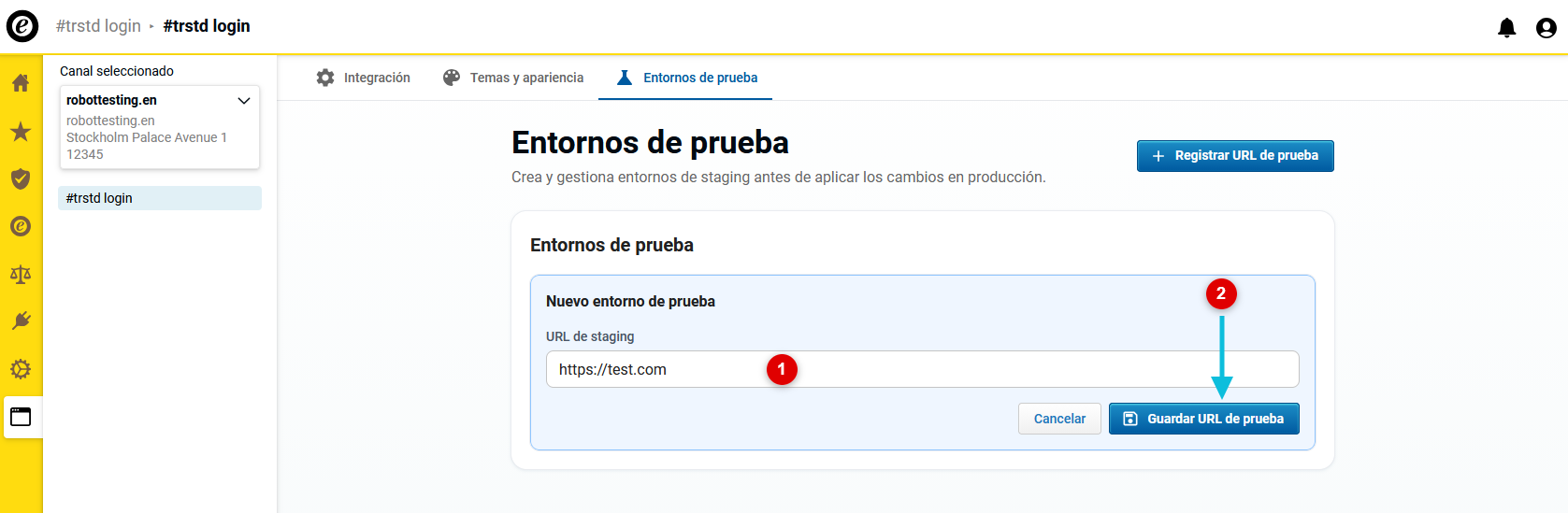 Introduce y guarda la URL del entorno de pruebas