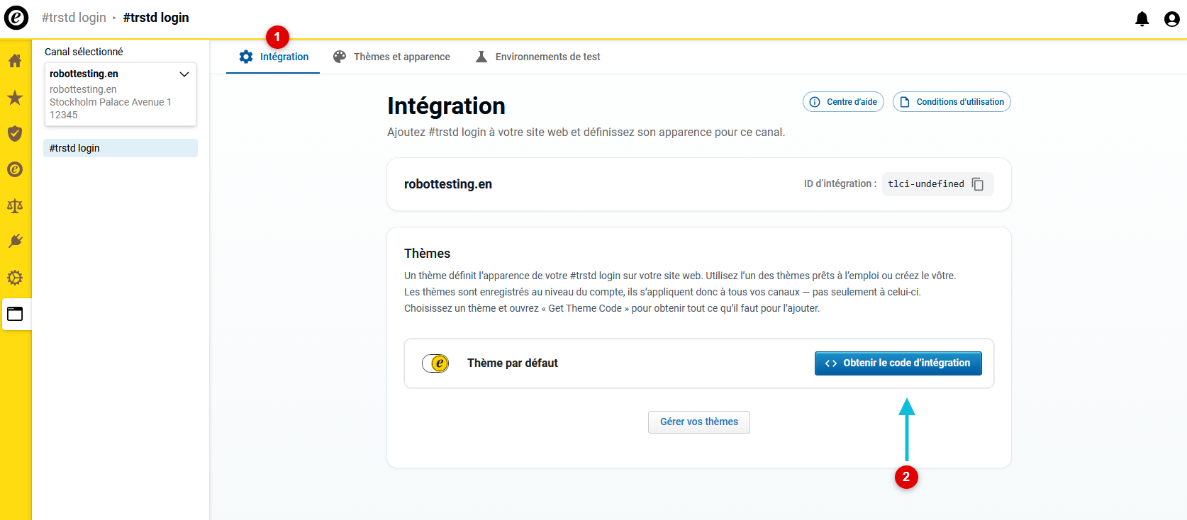 Ouvrez l’onglet «&nbsp;Intégration&nbsp;» et récupérez le code d’intégration pour le thème standard
