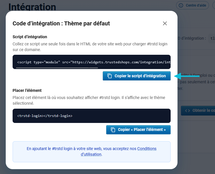 Copiez le script d’intégration à partir de la fenêtre contextuelle du #trstd login.