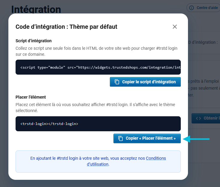 Copiez l’élément depuis la fenêtre contextuelle du #trstd login.