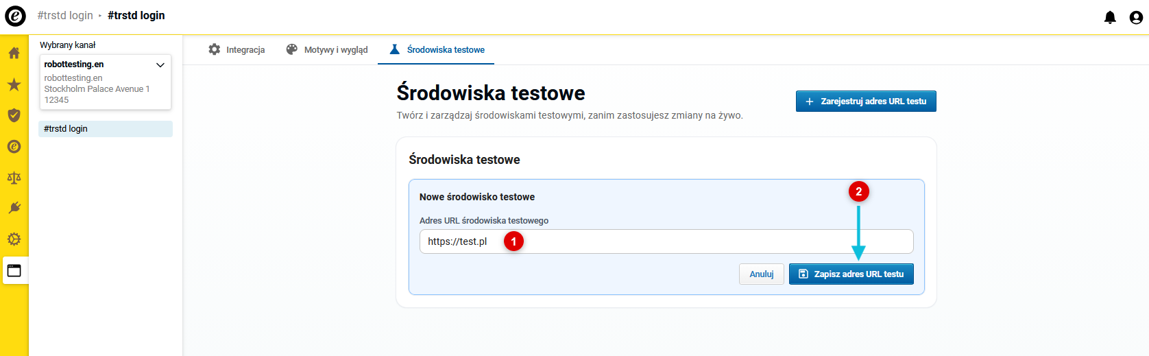 Wprowadź i zapisz adres URL środowiska testowego