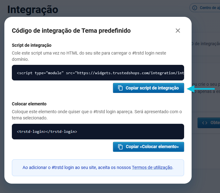 Copie o script de integração da janela pop-up do #trstd login