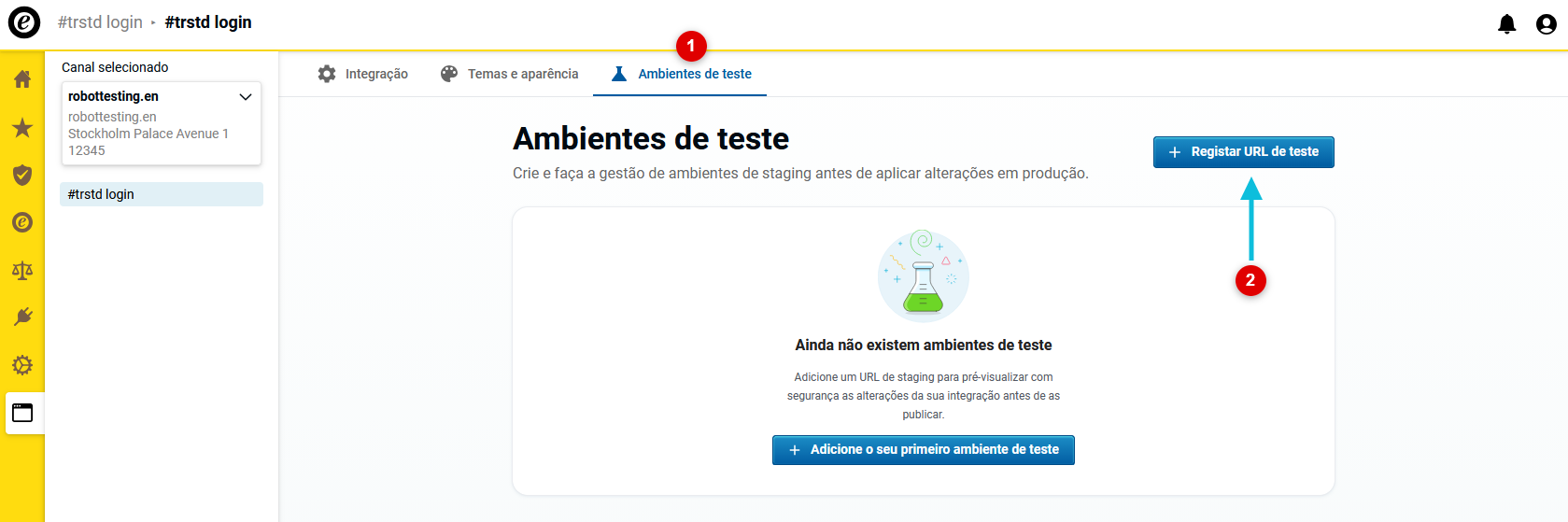 Abra o separador «Etapas de teste» e registe um URL de teste