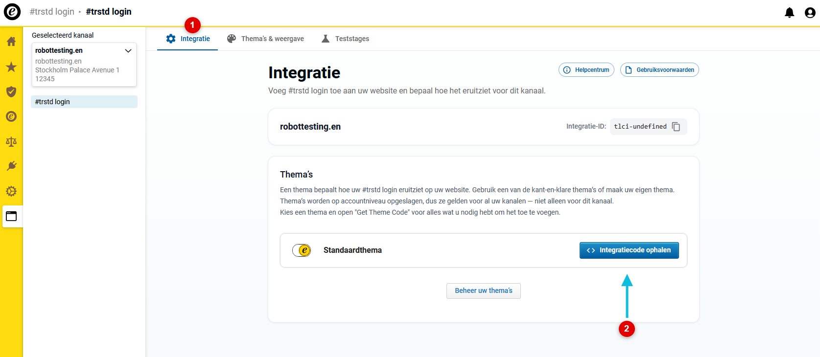 Open het tabblad “Integratie” en haal de code voor de integratie voor het standaardthema op