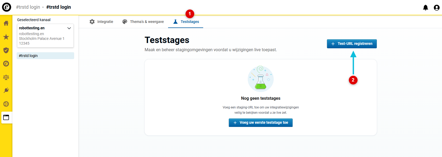 Open het tabblad Testomgevingen en registreer een test-URL