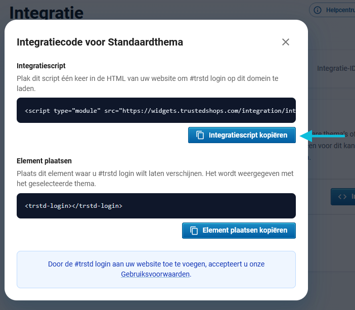 Kopieer het script voor de integratie uit het pop-upvenster van de #trstd-login