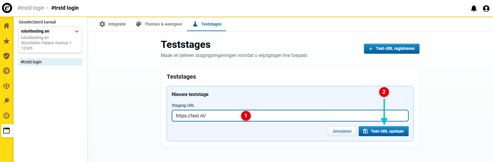 Voer de URL van de staging-omgeving in en sla deze op