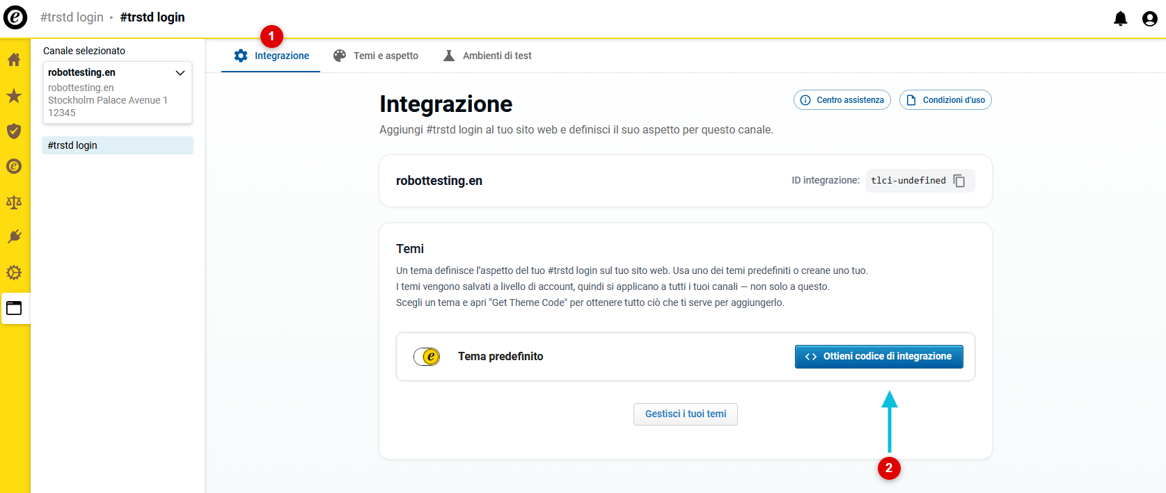 Apri la scheda “Integrazione” e recupera il codice di integrazione per il tema standard