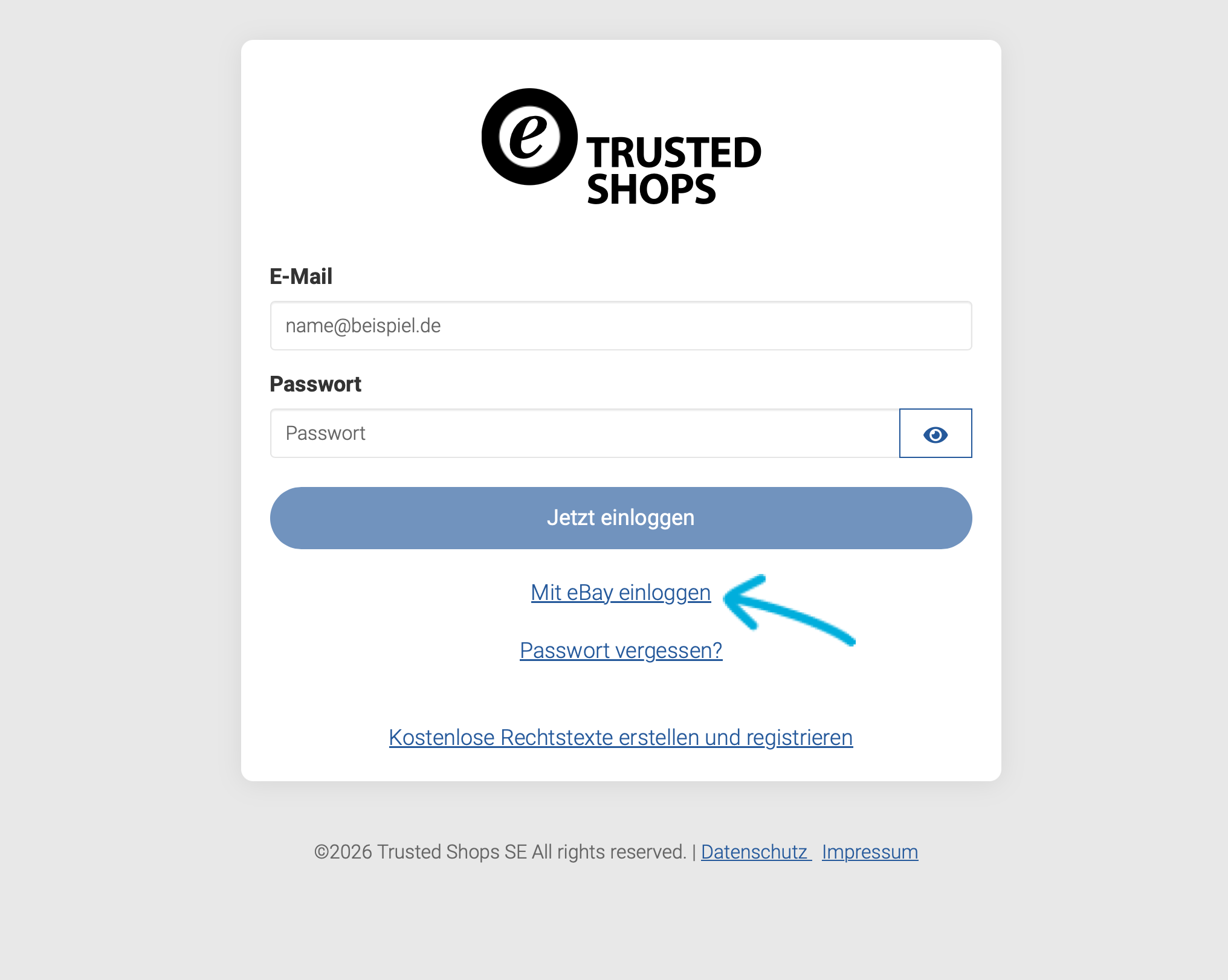Login-Maske des Legal-Accounts mit Button 'Mit eBay einloggen'